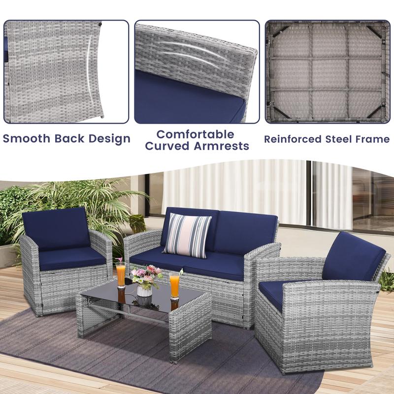 【Restock】Murago 4 PiecePatio Furniture Set, Wicker Outdoor Conversation Sets, Patio Furniture with Matching Wicker Coffee Table, Sofa, and 2 Chairs,Grey Rattan with Navy Blue Cushion