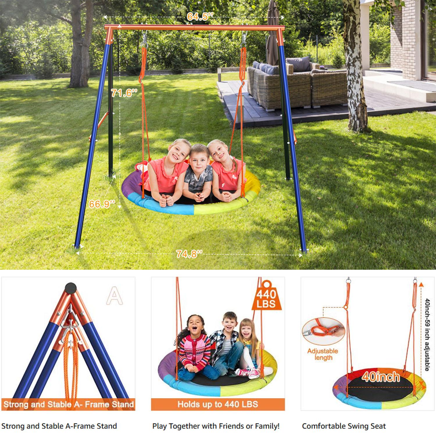 Aowos Swing Set for Kids, Saucer Swing with Heavy-Duty Metal Frame and Adjustable Ropes for Kids Outdoor, Safe Waterproof Round Swing for Backyard Playground Park, Playground for Kids, Rainbow Color, Birthday Gift, Columpio para niños, Christmas Gift