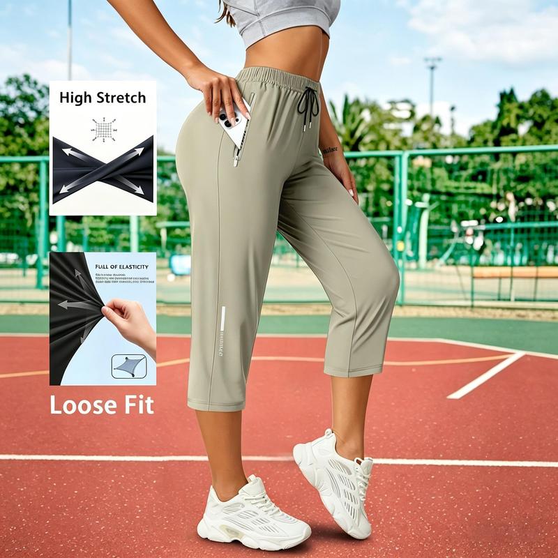 Women's Quick-Dry Sports Pants - Comfortable Nylon Blend, Waist Drawcord, Double-Sided Zipper Pockets, Adjustable Fit, Lightweight Outdoor Wear for Running Hiking Gym Spring Summer
