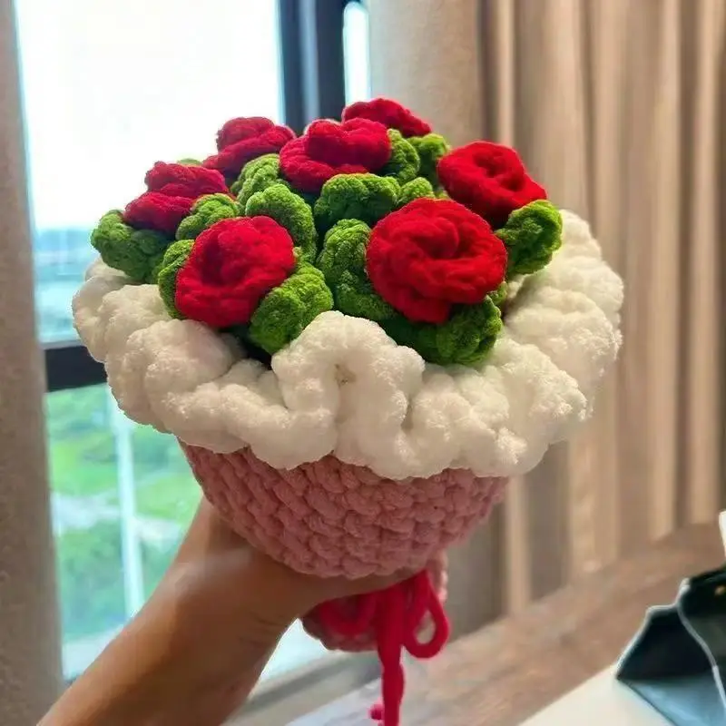 Crochet Bouquet Handmade Rose & Sunflower Artificial Flower Romantic Gift for Valentine's Day/ Mothers Day Home Decoration
