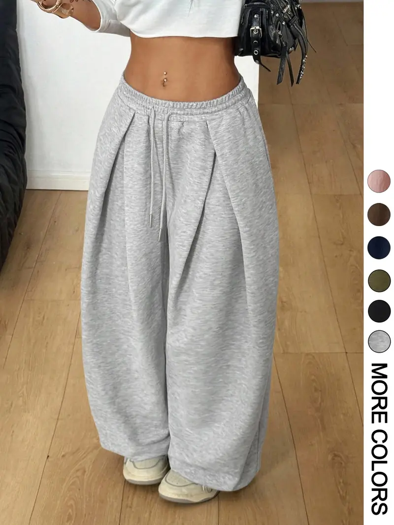 Women Elastic Waist Cuffed Jogger Pants, High Waist Baggy Wide Leg Sweatpants With Drawstring Ankle, Casual Streetwear for Lounging Daily Going Out Women Elastic Waist Cuffed Jogger Pants, High Waist Baggy Wide Leg Sweatpants With Drawstring Ankle, Casual Streetwear for Lounging Daily Going Out