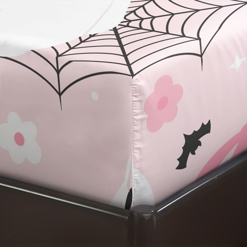 3Pcs Cute Pink Ghost Fitted Sheet Set, Aesthetic Spooky Halloween Bed Sheets Set, Soft Microfiber Bedding Set with Bows & Spiderweb Print for Girls Bedroom Decor No Fillers