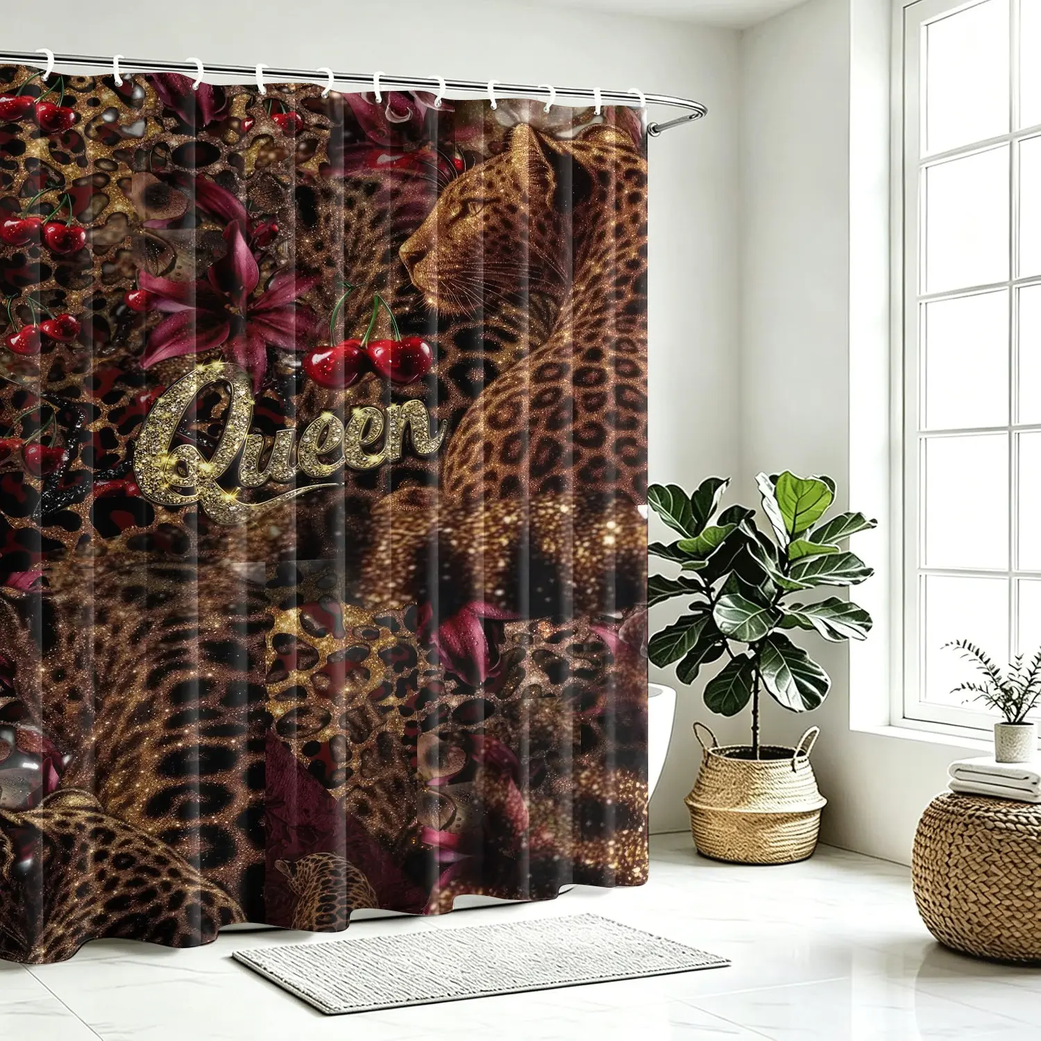 Leopard Queen Shower Curtain 72x72 Inch, Cherry Burgundy Floral Animal Print, Polyester Waterproof Mildew Resistant Machine Washable, with Hooks for Apartment Dorm Home Bathroom Decor