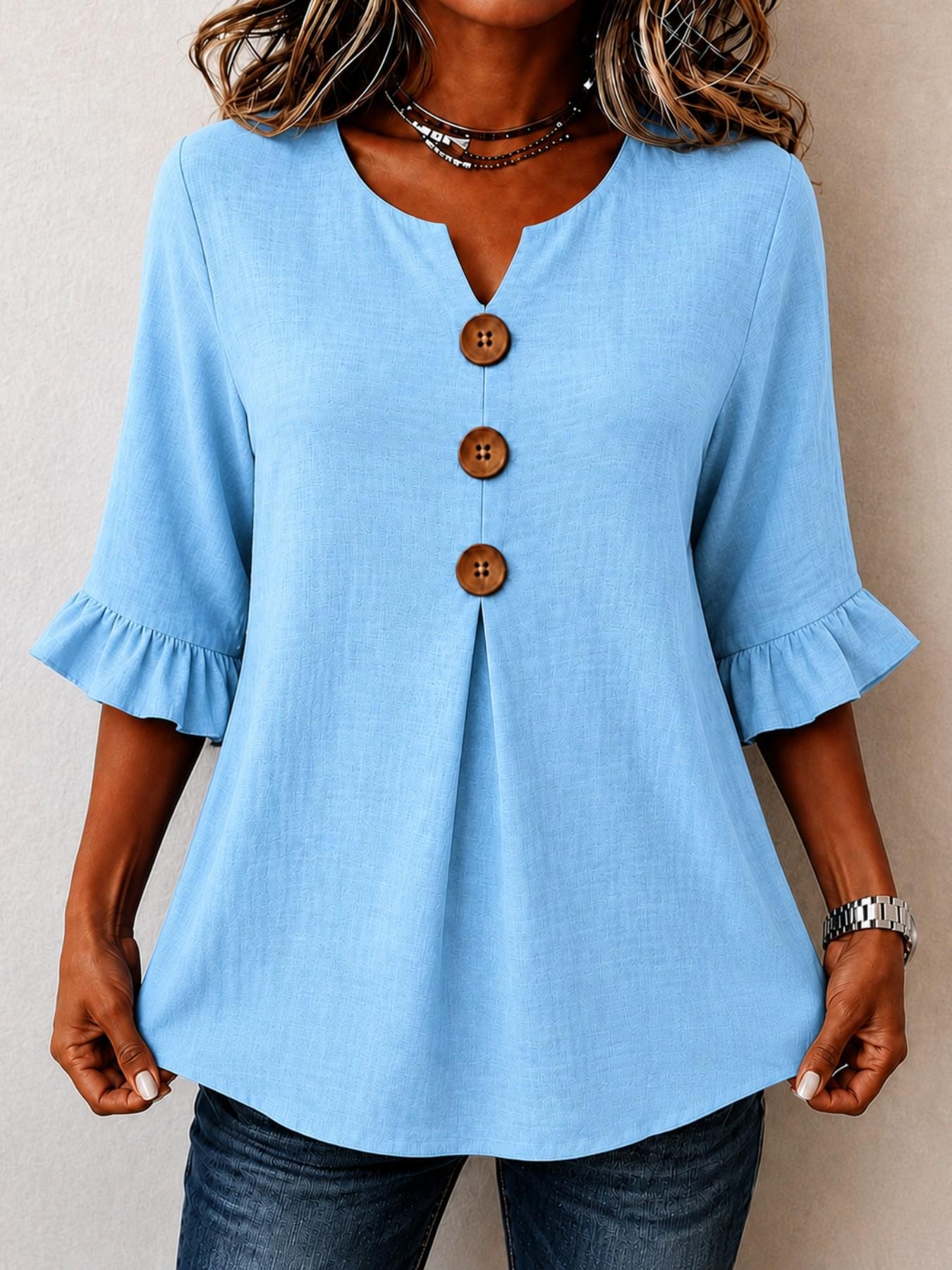 Women's Plus Size Solid V-Neck Shirt, Loose-Fitting Ruffle Sleeve Button-Up Top, Casual Vacation Wear, European and American Style