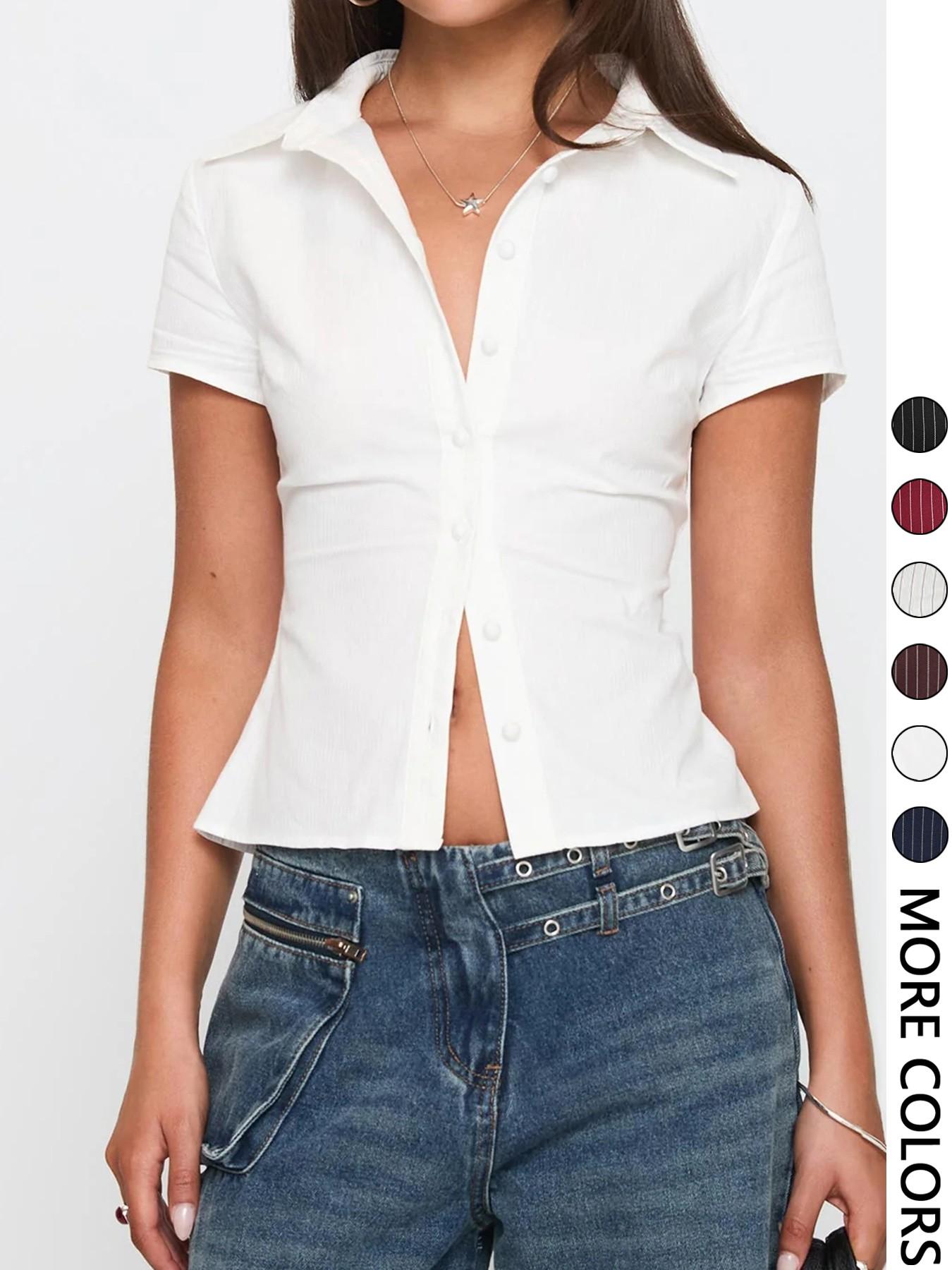 Women's Plain / Striped Print Button  Shirt, Casual Slim-fitting Short Sleeve Collared Top for Daily Wear, Ladies Clothes for All Seasons