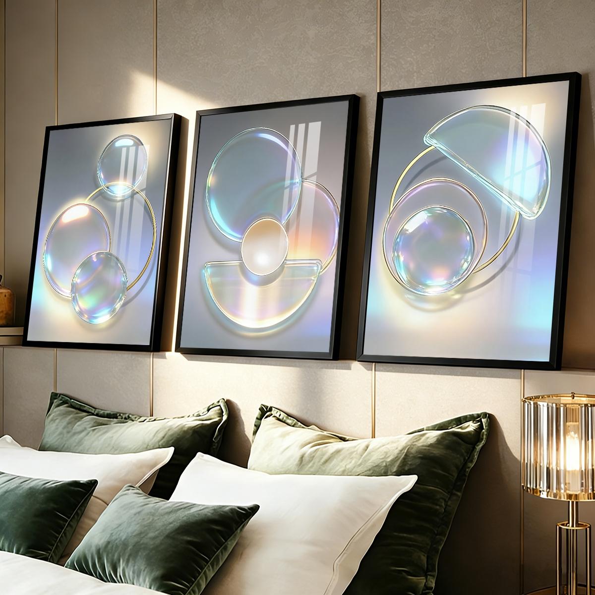 3 Counts Aluminum Alloy Framed Painting, Abstract Iridescent Glass Circles Design, Home Decoration For Living Room, Bedroom, Office, Restaurant, Hallway Wall Decor, Odorless Print Artwork, Luxury Perfect Gift For Friends And Family