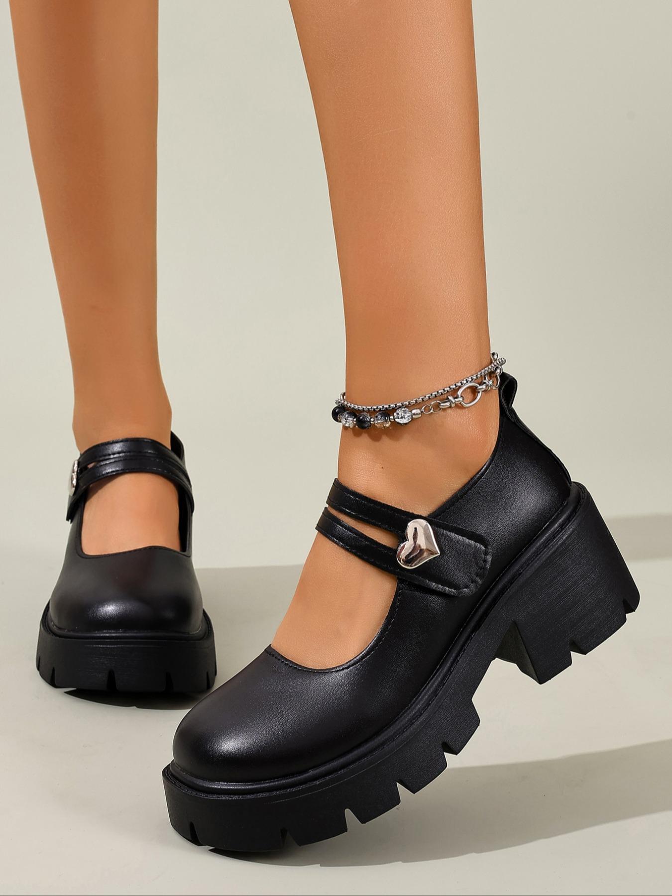 Women's Thick Sole Heart Buckle Round Toe Mary Jane Shoes, Fashion Outdoor Versatile Style, Summer Footwear for Ladies
