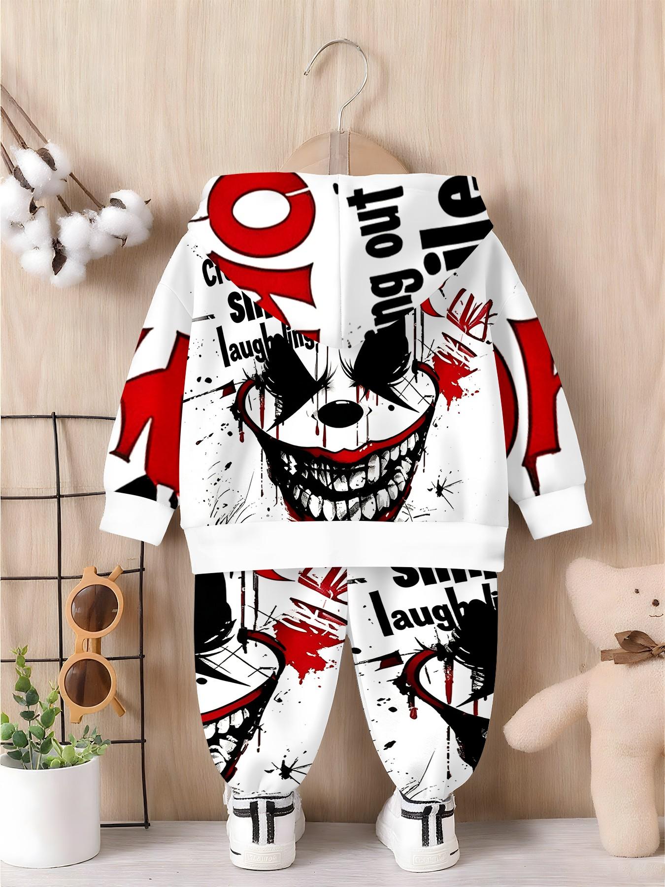 Boys' Unique Graffiti Full Print Hoodie and Long Pants Set, Casual Fall & Winter, Loose-Fitting, Natural Waist, All over Print