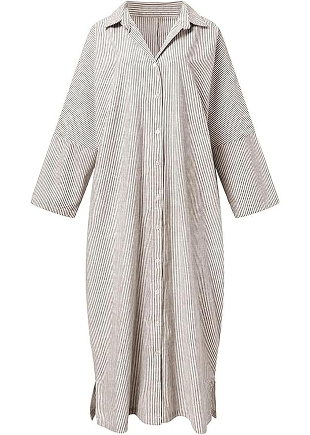 utcoco women's spring and autumn striped long-sleeved dress casual loose cotton shirt dress Maxi Button teacher outfits