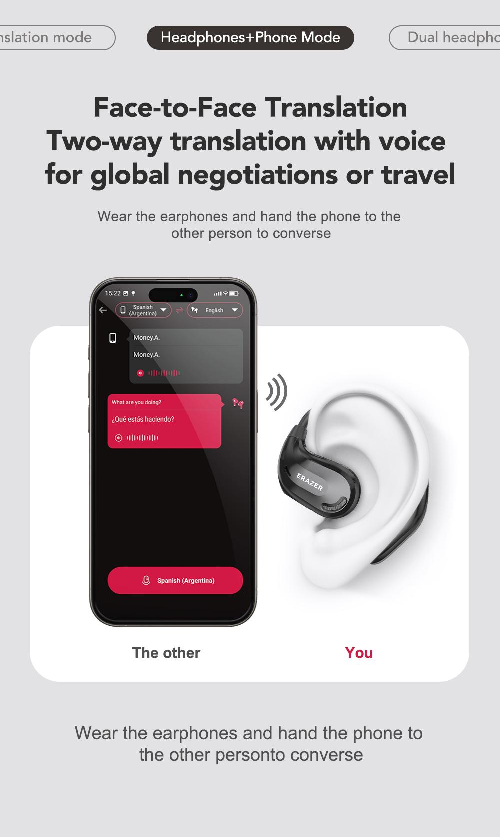 ERAZER XT66Pro OWS Translation Wireless Bluetooth Earphones Support 135 Languages Real Time Bluetooth Translation Earbuds HIFI Sound Quality Light-Weight Headphones Built-in Microphone Support Phone Calls Music AI Chat