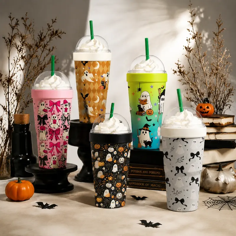 1 Halloween Ghost & Black Cat Print 2-in-1 Insulated Can Cooler, Insulated Travel Drinkware, Includes Tumbler Lid, Converts to Travel Tumbler, Double Wall Vacuum Stainless Steel Flask, 16-24oz To-Go Coffee & Bubble Tea Cups, For Halloween & Daily Use