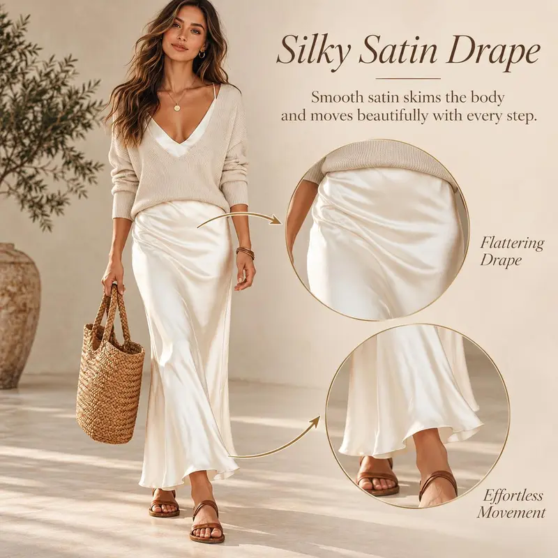Create an effortlessly elegant look with this women’s 2 piece sweater dress set, featuring a soft V-neck knit pullover and a silky satin slip maxi dress.The relaxed sweater adds cozy texture and easy layering, while the smooth satin dress drapes beautifu