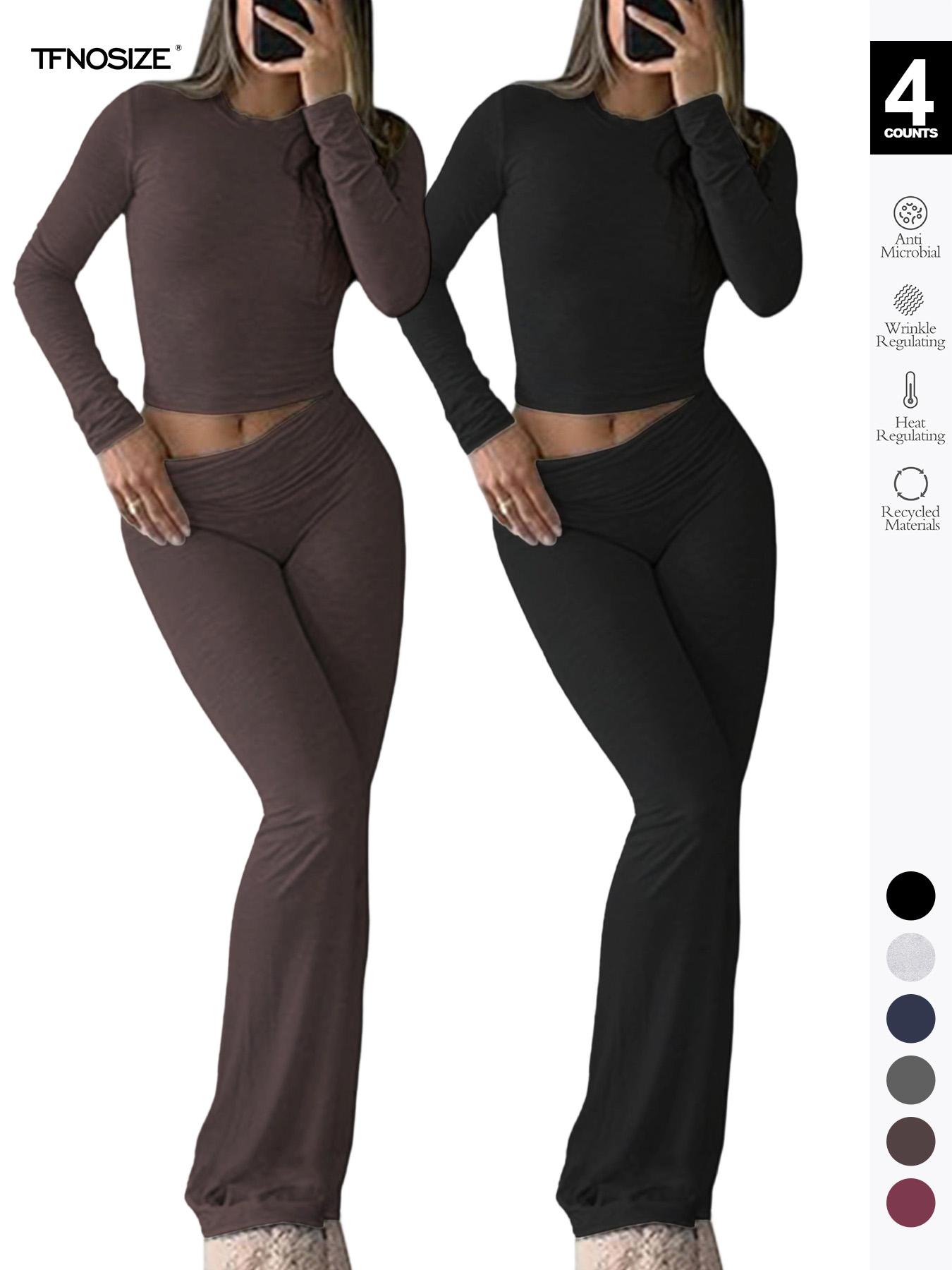 Women's 2 Piece Casual Pajama Set, Slim Fit Long Sleeve Top & Low Rise Bell Bottoms, Versatile Yoga Loungewear for All Seasons,Airport Outfit