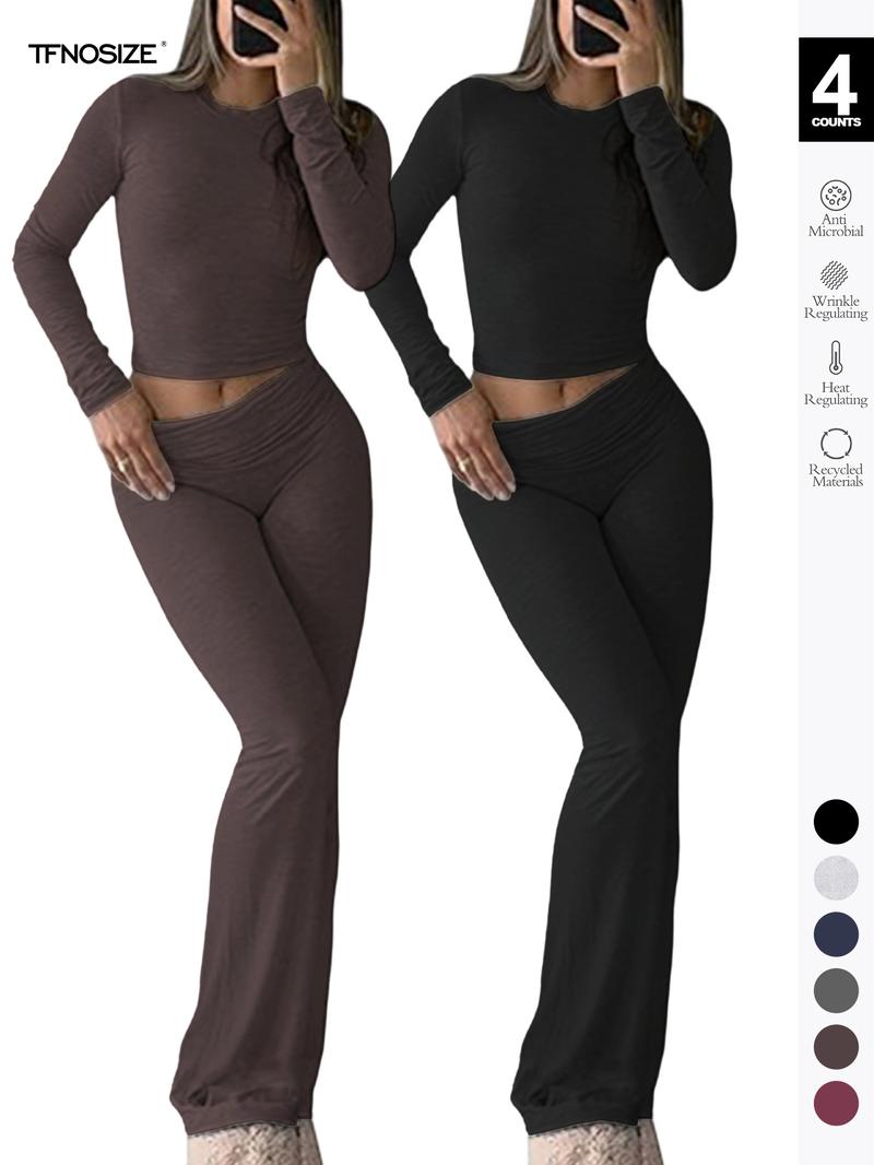 Women's 2 Piece Casual Pajama Set, Slim Fit Long Sleeve Top & Low Rise Bell Bottoms, Versatile Yoga Loungewear for All Seasons,Airport Outfit