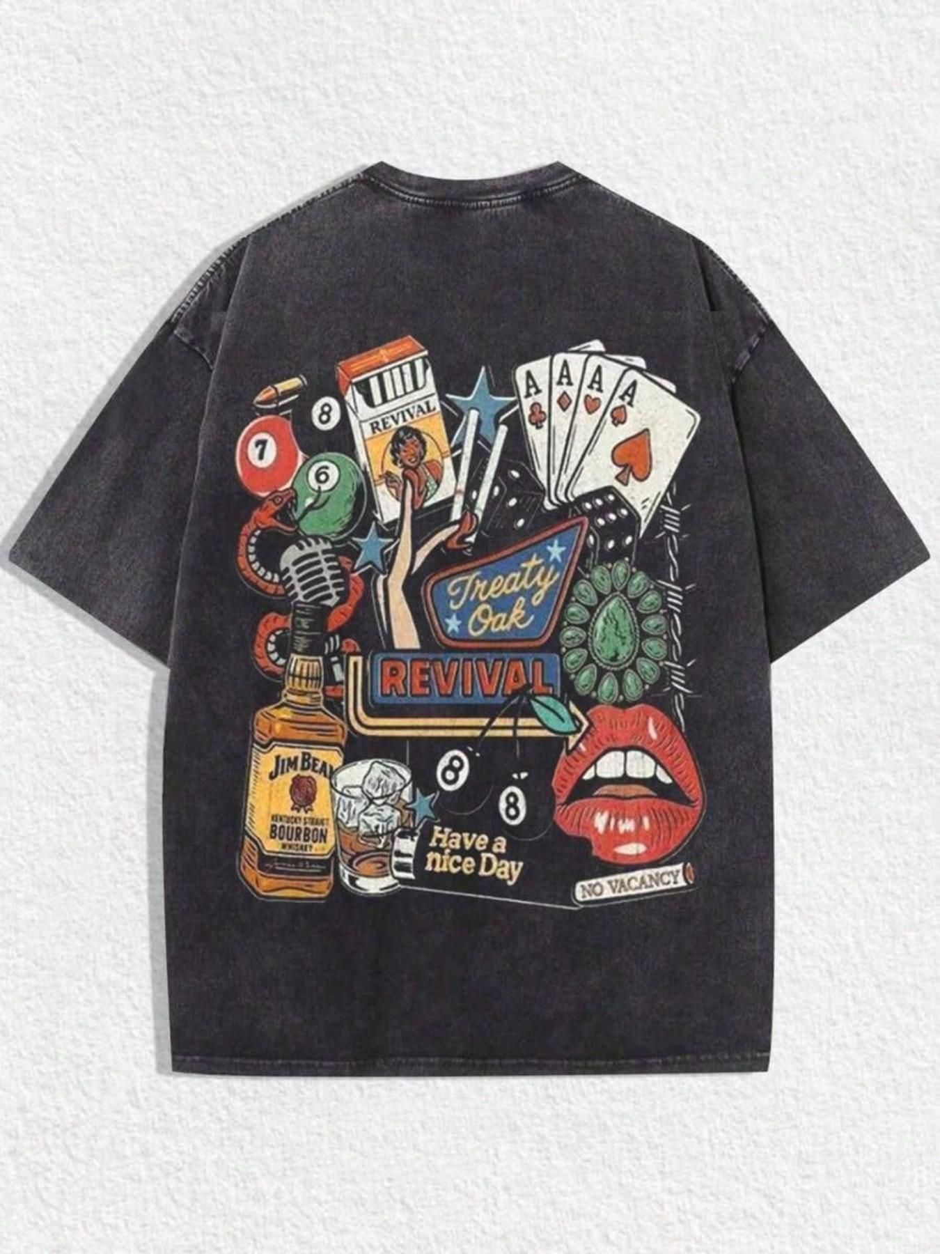 Vintage Casino Print Unisex T-Shirt, Loose Fit Washed Street Style, Retro Bar Poker Pattern Casual Short Sleeve, 2026 New Arrival