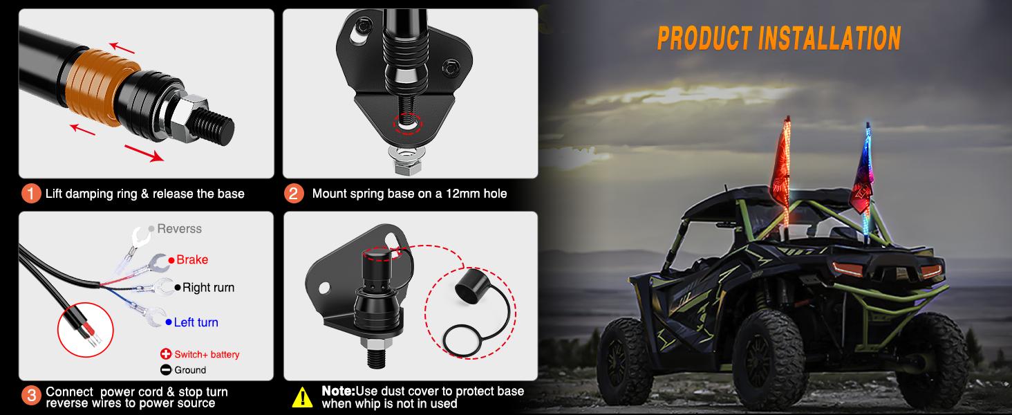 Nilight 2PCS 2FT RGB LED Whip Light with Extra Stop Turn Reverse Light Remote & App Control, DIY Chasing Patterns Safety Antenna Lighted Whips for ATV UTV Decoration