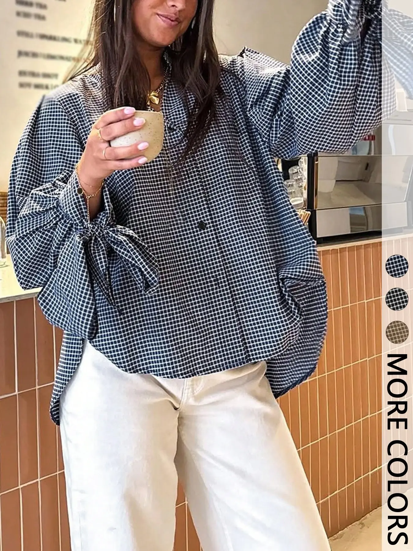 Women's Vintage Plaid Long Sleeve Elegant Casual Shirt, Stand Collar Button Front, Lantern Sleeves with Tie Design, Asymmetrical Length, All Seasons