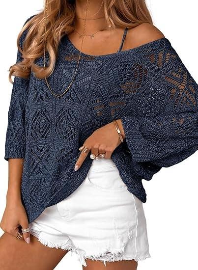 Women's Spring/Summer Crochet Hollow Out Three-Quarter Sleeve Pullover Sweater Batwing Sleeve Vacation Style Intellectual and Gentle Style