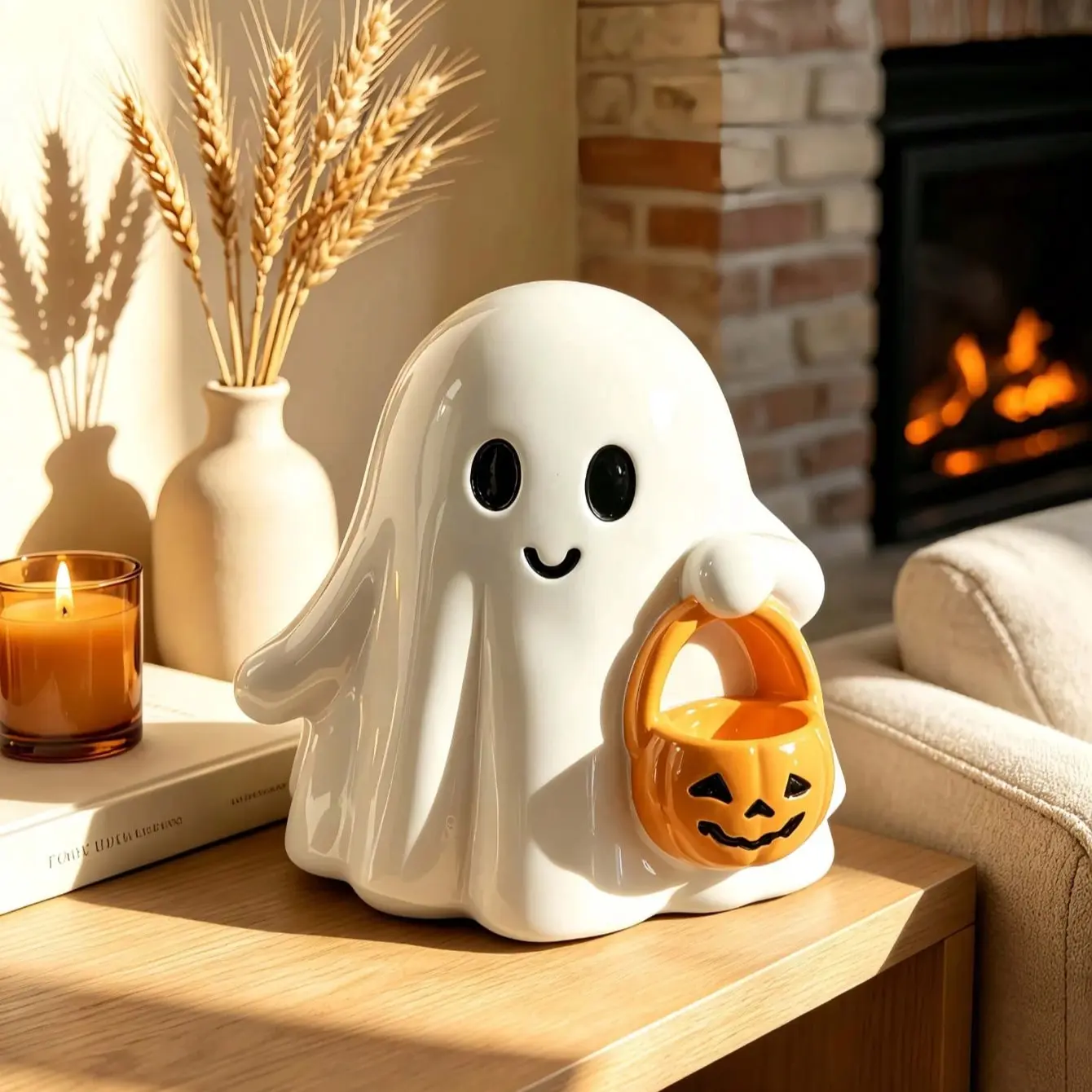 Cute Ghost Pumpkin Decor, Autumn Halloween Home Accent, Farmhouse Style Shelf Ornament, Fall Living Room Decoration, Seasonal Gift