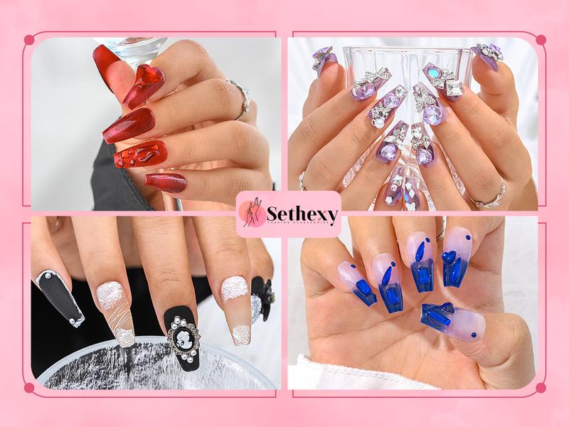 Sethexy Luxury Purple Rhinestone Handmade Fake Nail 3D Heart Crystals Long Coffin Press on Nails Butterfly Bow Bunny False Nail Salon Durable Quality Nails for Women and Girls 10Pcs easy press