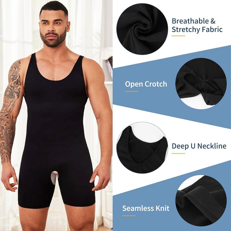 CATTIBOR 1/2/3 PACK Men's Bodysuit Shapewear With Open Crotch ,Men Full Body Shaper Tummy Control Sleeveless Bodysuit,Men Underwear For All Seasons