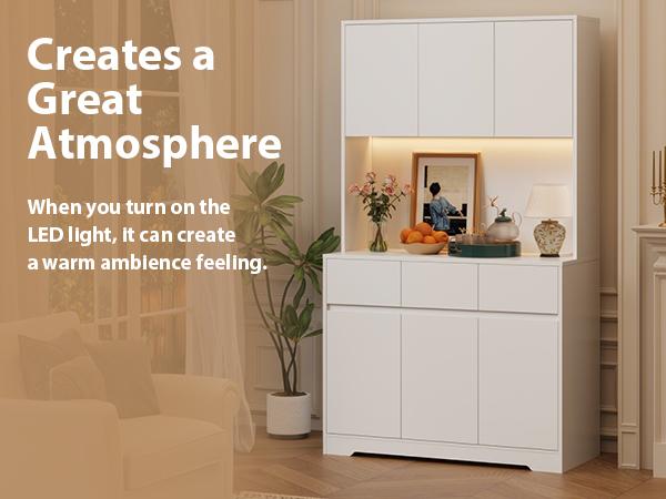 FOTOSOK 71" Modern Black Kitchen Pantry Cabinet with 6 Doors, 3 Drawers, LED Lights, Power Outlets, USB Ports, 39.4" Wx 15.2" Dx 70.9" H