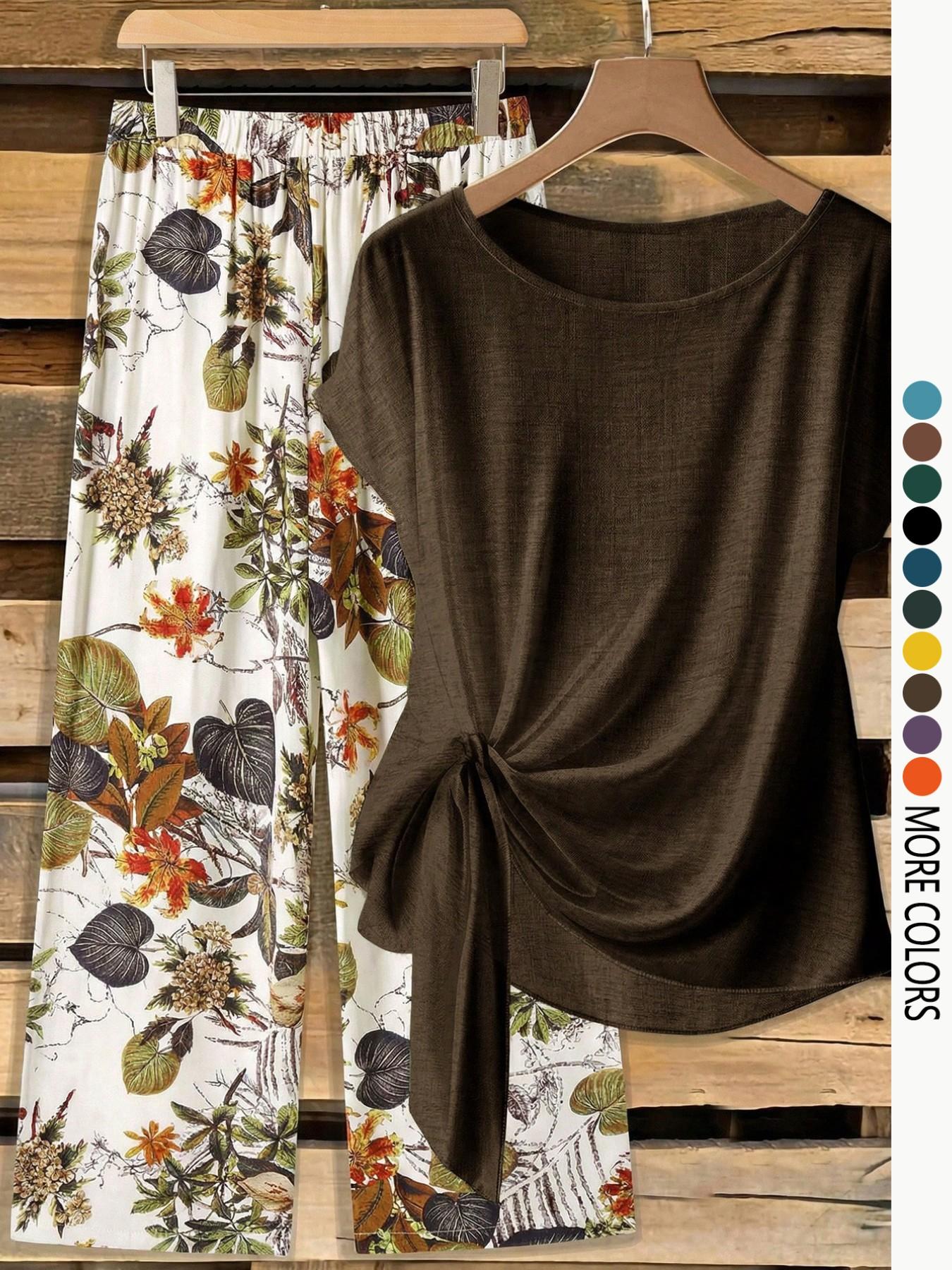 Women's Casual Printed Knot Shirt and Loose Straight Pants Set, Lightweight, Perfect for Spring and Summer, Comfortable Two-Piece Outfit Clothes Women's Casual Printed Knot Shirt and Loose Straight Pants Set, Lightweight, Perfect for Spring and Summer, Comfortable Two-Piece Outfit Clothes