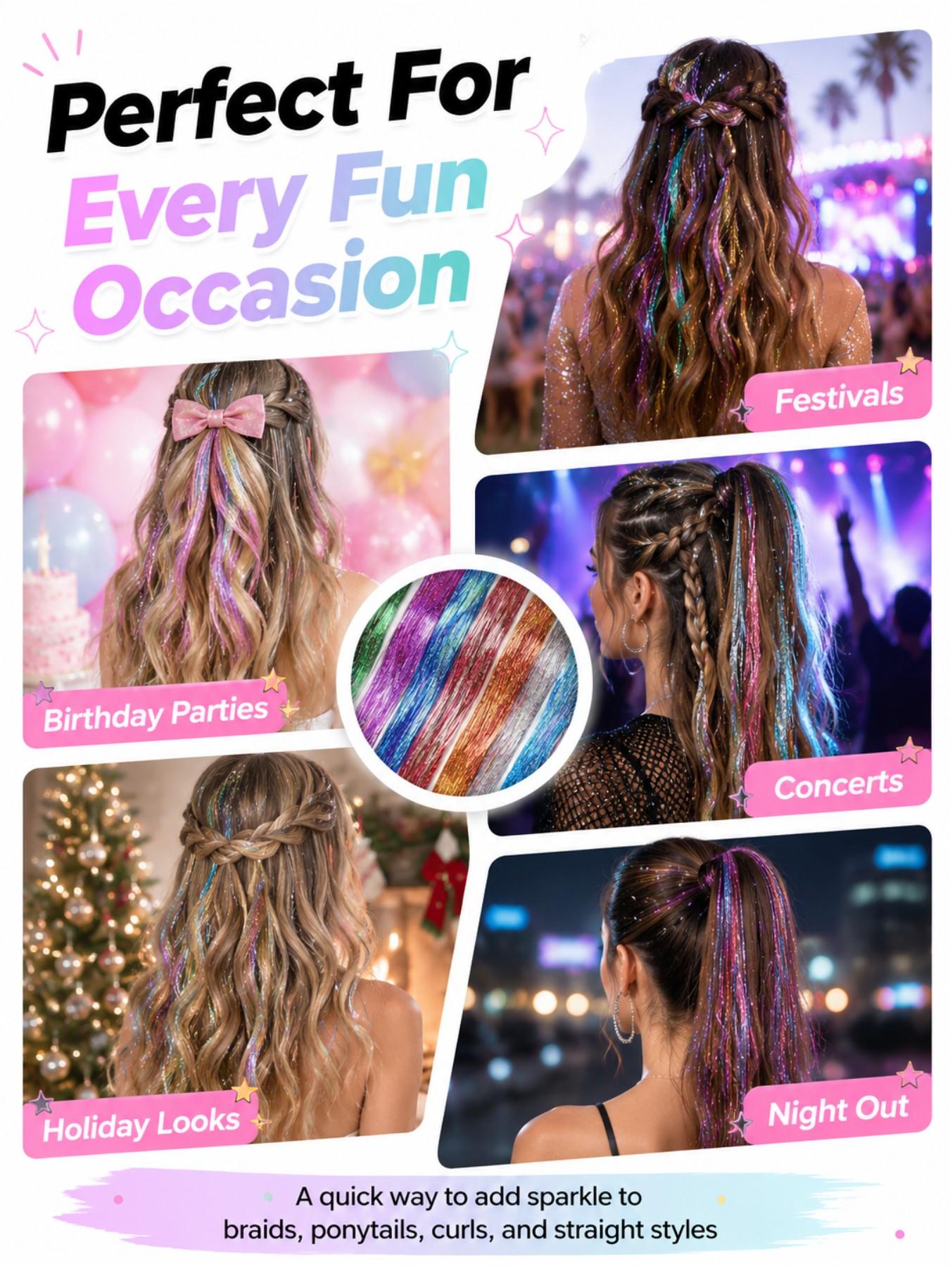 14pcs Glitter Colorful Clip On Hair Tinsel Kit,Synthetic Fiber Hair,20 Inch Clip In Hair Tinsel Extensions,Sparkle hair extensions,Clip-on Hair Pieces,clip in hair accessories,Cosplay Party Festival hair extensions