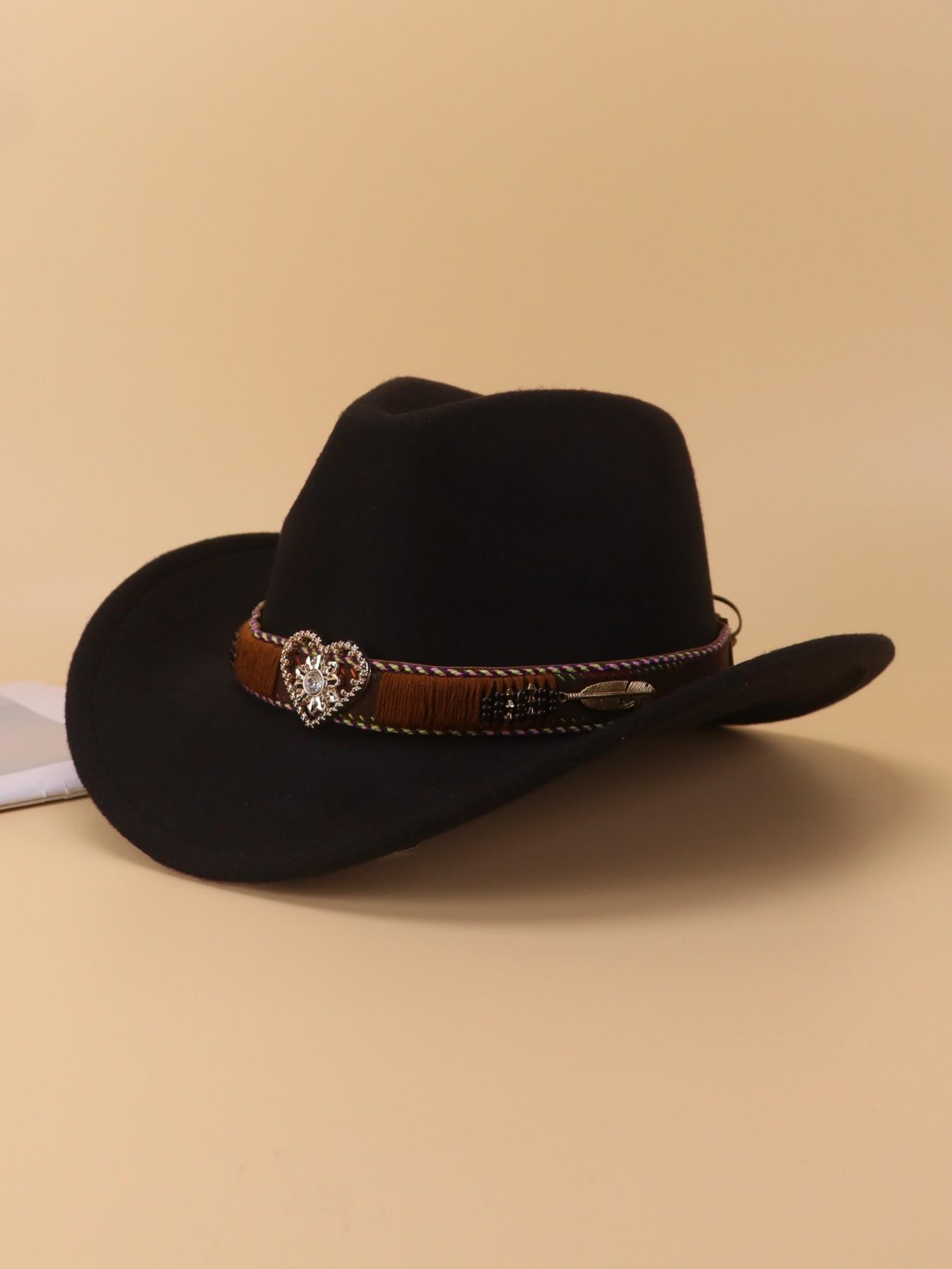 1PCS Unisex Rhinestone Heart Decorative Western Cowboy Hat, Vintage Polyester Style, Perfect for Western Theme Parties, Casual Wear, Daily Use