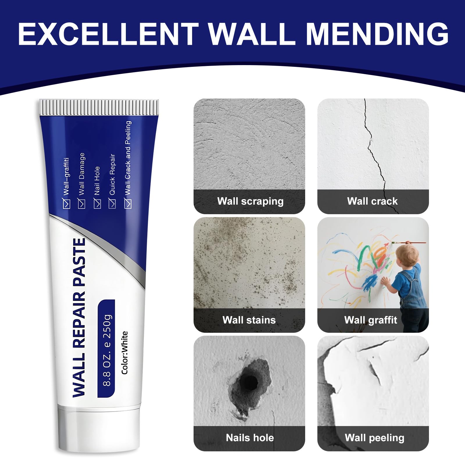 3Pcs Efficient Drywall Repair Kit with Scraper, 2026 Upgrade Quick Drying Wall Repair Paste for Cracks and Holes, Multi Functional Wall Mending Agent for DIY Home Fix