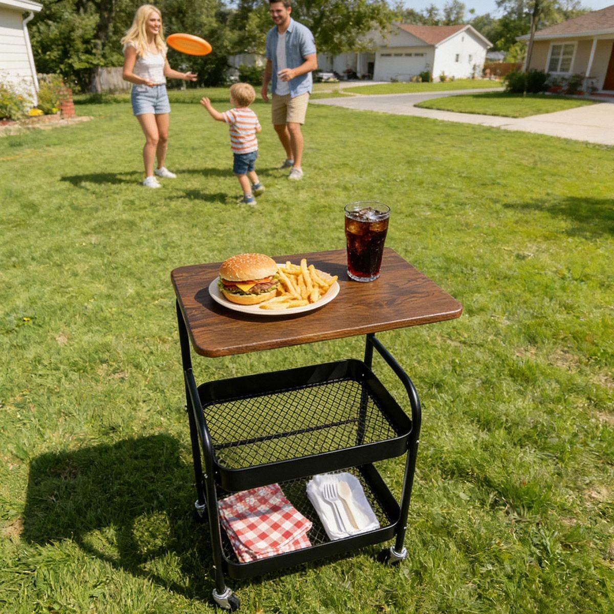Three-Tier Rolling Cart with Desktop, Storage Shelf, Metal Frame, Portable Wheels, Durable Carbon Steel, Home or Office Use
