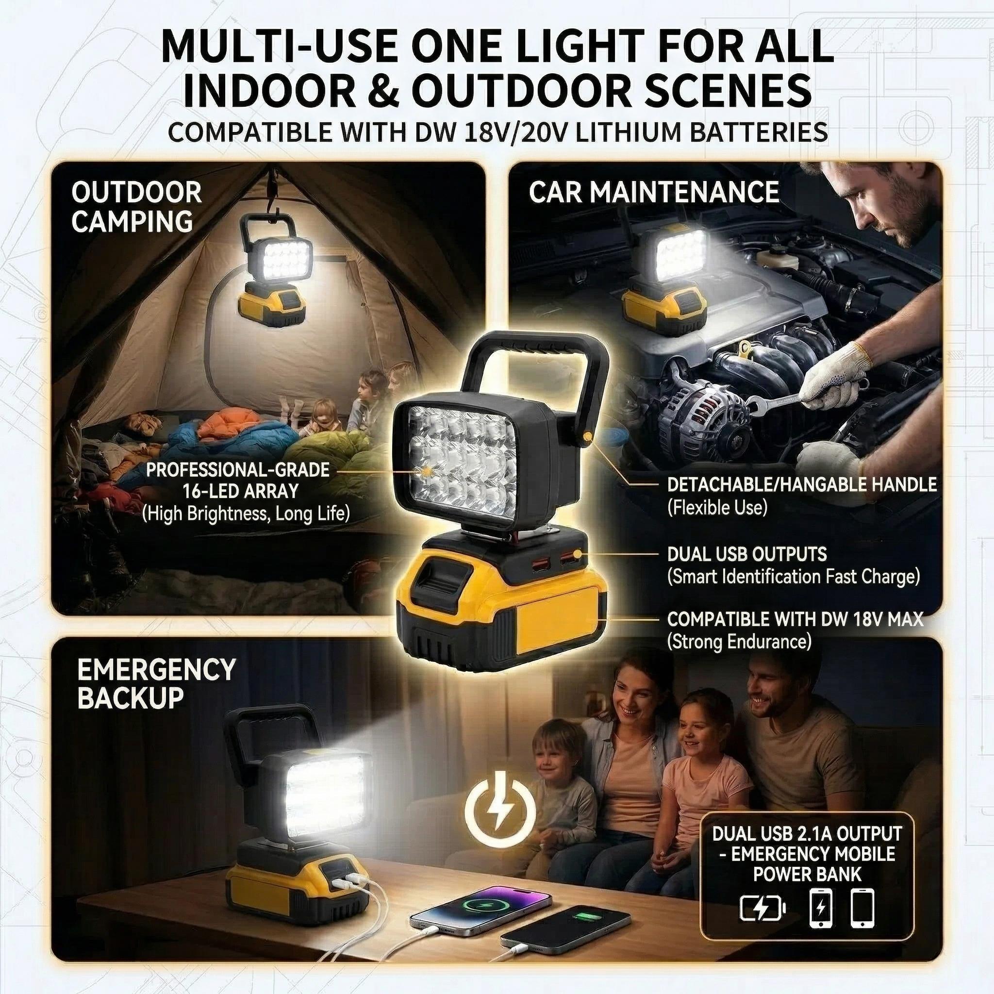 18 LED Work Light Spotlight USB Output, Compatible with Dewalt 18-20v Dcb200 Battery, Portable and Efficient Lighting Solution