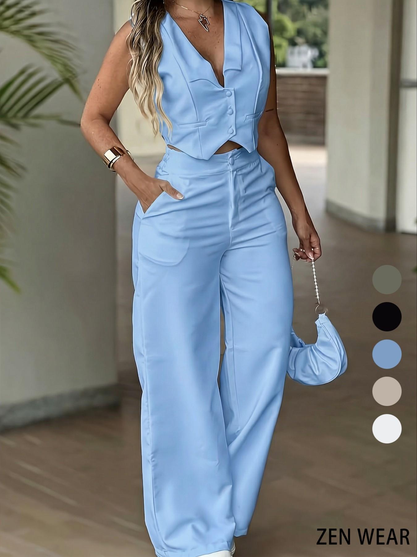 New Women's Pants Set, Sleeveless Waist Cinching Vest Set, Wide Leg Pants, Elegant Office Lady Commuter Two-Piece Suit New Women's Pants Set, Sleeveless Waist Cinching Vest Set, Wide Leg Pants, Elegant Office Lady Commuter Two-Piece Suit