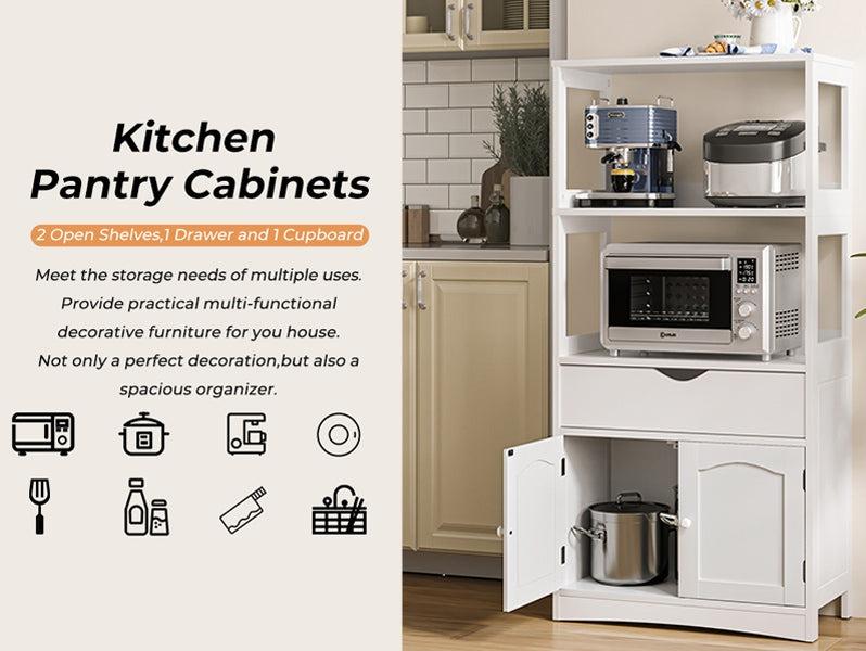 Sikaic Multifunctional Storage Cabinet with Microwave Space Drawer White Furniture Organization Kitchen Organizer Freestanding Wood Cupboard