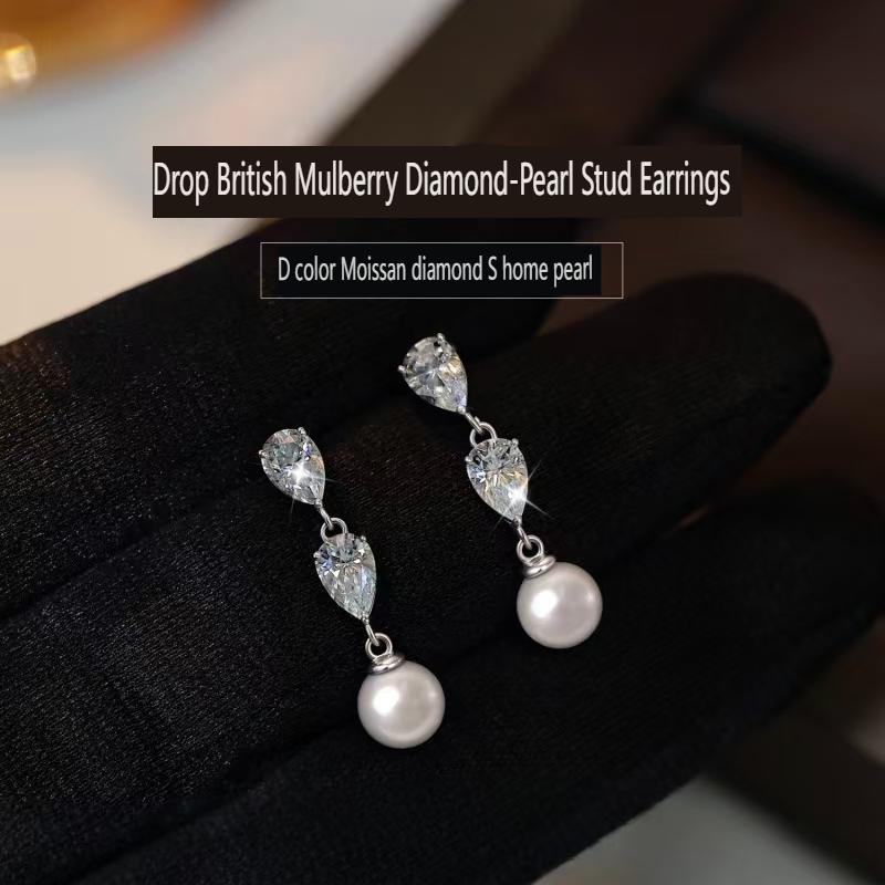 S925 sterling silver teardrop stud earrings with D color VVS moissanite and pearls; unique design, light luxury high-end feel; women’s moissanite jewelry earrings