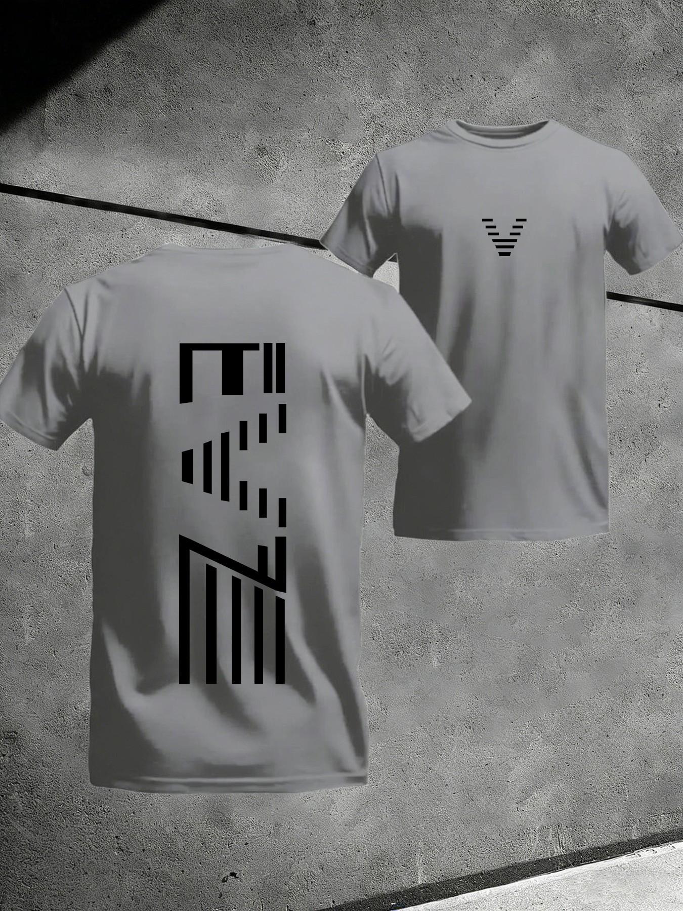 Unisex Gym Training & Outdoor Running Sports T-Shirt, Geometric Letter Line Pattern, Lightweight Breathable Quick-Dry Fabric, All Seasons