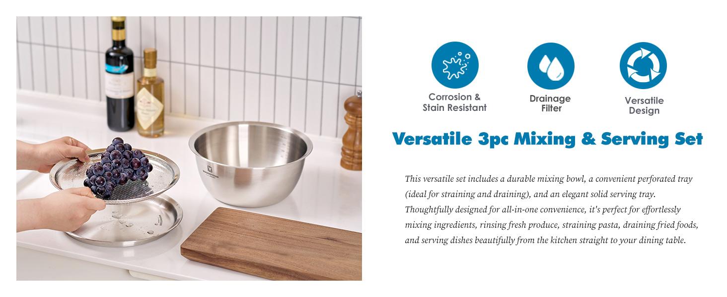 3-Piece Stainless Mixing Bowl Set with Strainer & Oil Drain Tray – Nesting Prep & Baking with Measurement Marks (9.45 in) 3-Piece Stainless Mixing Bowl Set with Strainer & Oil Drain Tray – Nesting Prep & Baking with Measurement Marks (9.45 in)