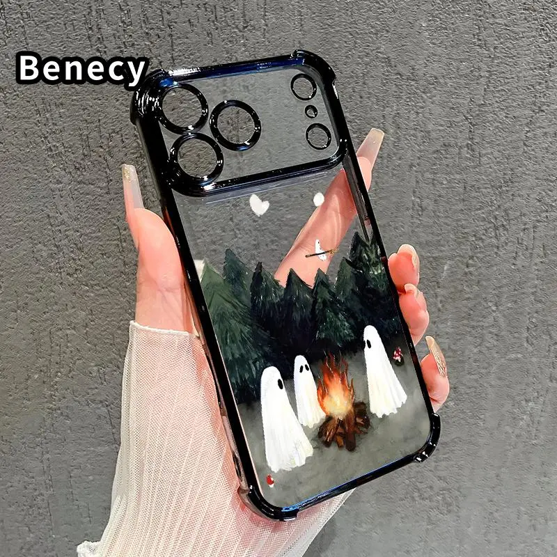 Ghosts' Campfire Gathering Pattern Four Corner Anti-Fall Phone Case Transparent Electroplated Protective Cover for iPhone 18 17 16 Pro Max 15 Plus 14 13 12 11 E Air