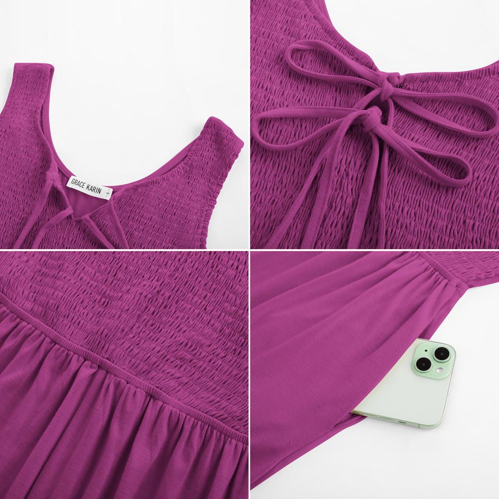 【New Arrival】GRACE KARIN Jumpsuits for Women Bow Tie Front Overalls Smocked Tops Wide Legs Casual Knitted Outfits with Pockets