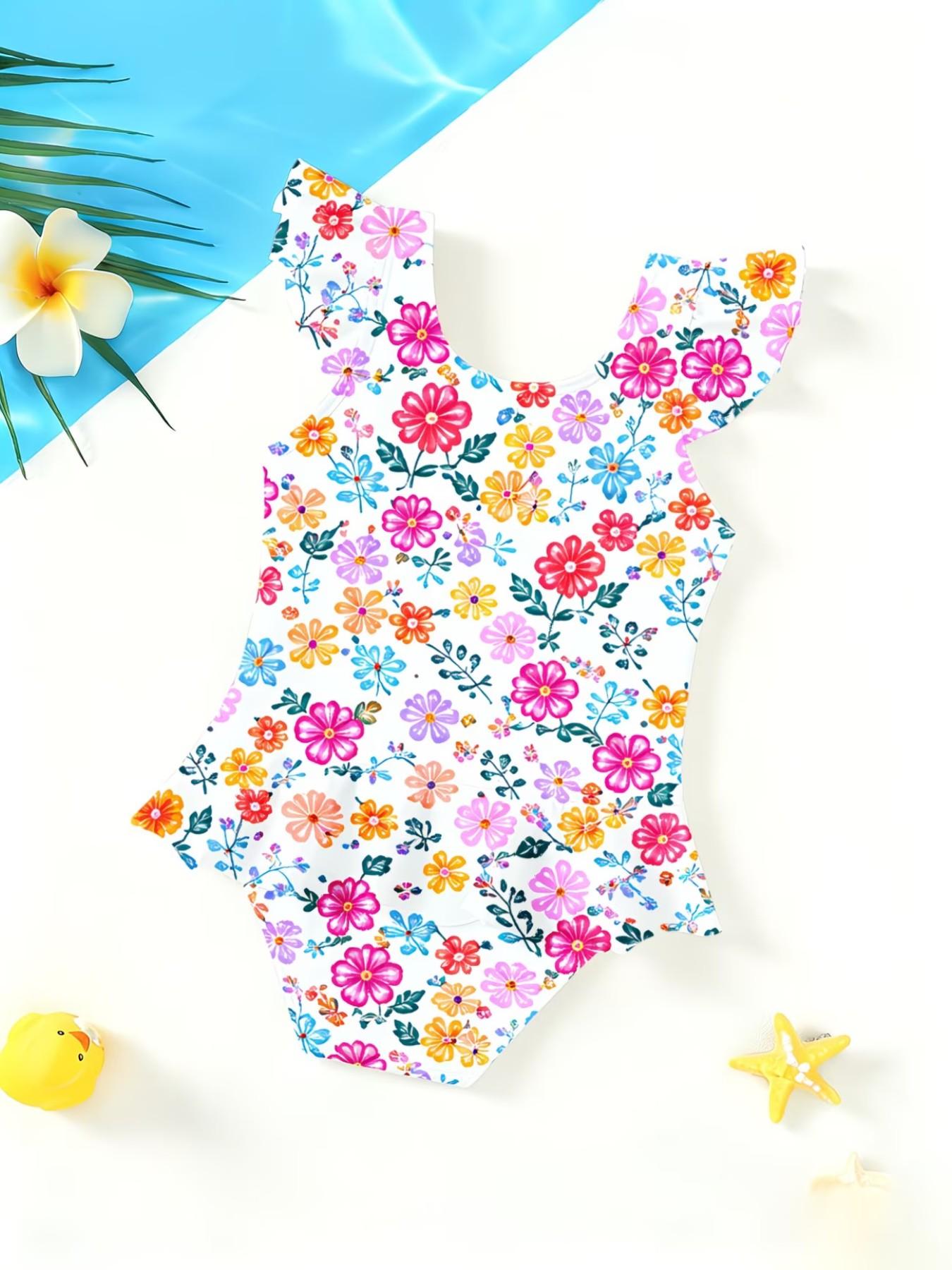 Colorful Floral Print Girls' Jumpsuit, Cute Cartoon Print, Ruffled Quick-Dry Kids Swimwear, Fashion Swimsuit, Beach Party