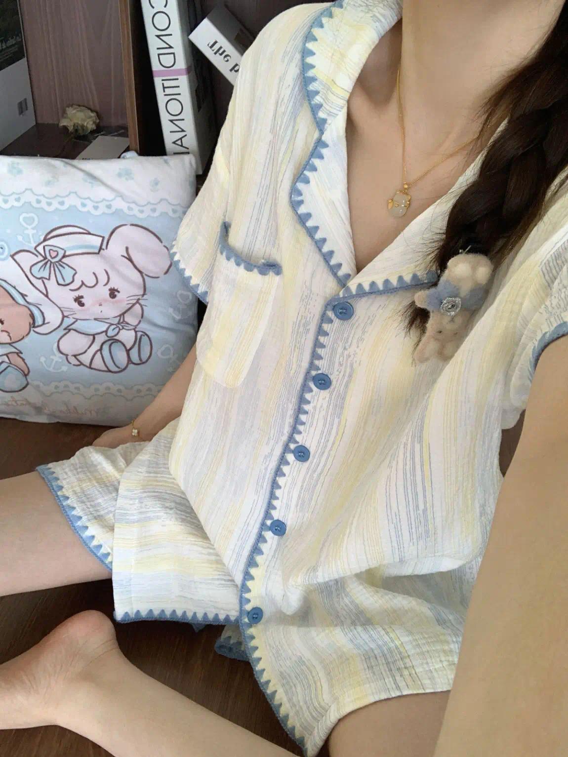 Cute Summer Color-Block Checkered Pajamas for Women: Short-Sleeve Set, Sweet Loungewear Two-Piece Set, Women's Summer Clothing
