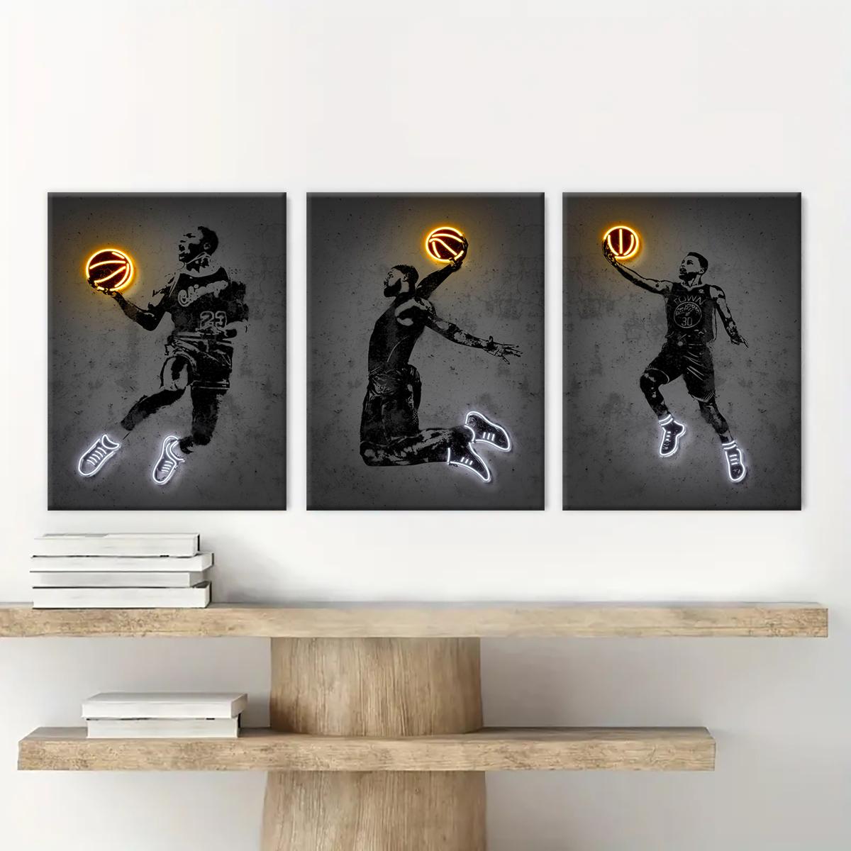 Basketball Player Pattern Canvas Painting with Frame, 3 Counts Basketball Fan Poster, Wall Art Decor for Home Living Room Bedroom Office, Modern Home Decor