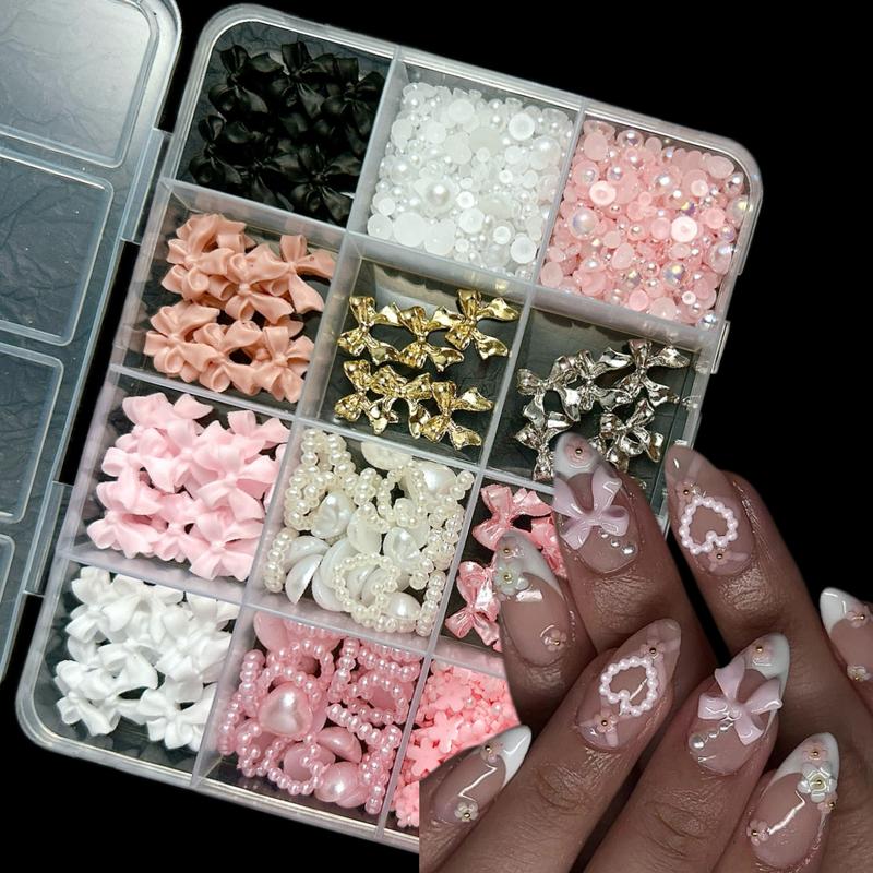 1 Box Pure Color Bow Resin Nail Charms Minimalist Half Round Pearl Alloy Bows Nail Art Decorations DIY Phone Case Nail Crafts