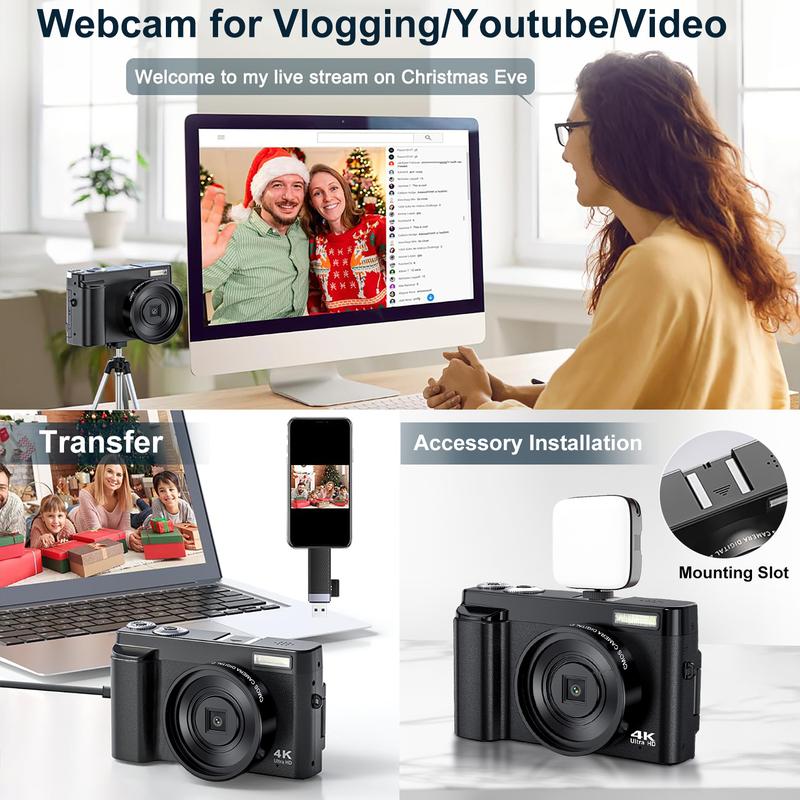 4K HD Digital Camera, 48 Megapixel HD Camcorder with 16x Zoom, Autofocus 4K Camcorder with 32GB SD Card, Compact Camcorder for Teens Adult, Vlogging Camera, Flip Screen Camera