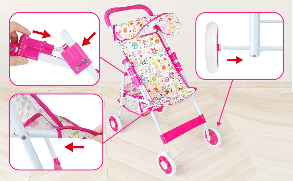 deAO Doll Stroller Set Doll Accessories with Feeding Bottle Simulated Juice Milk and Rattle Toy Foldable Doll Stroller,for 12in 14in 16in Doll