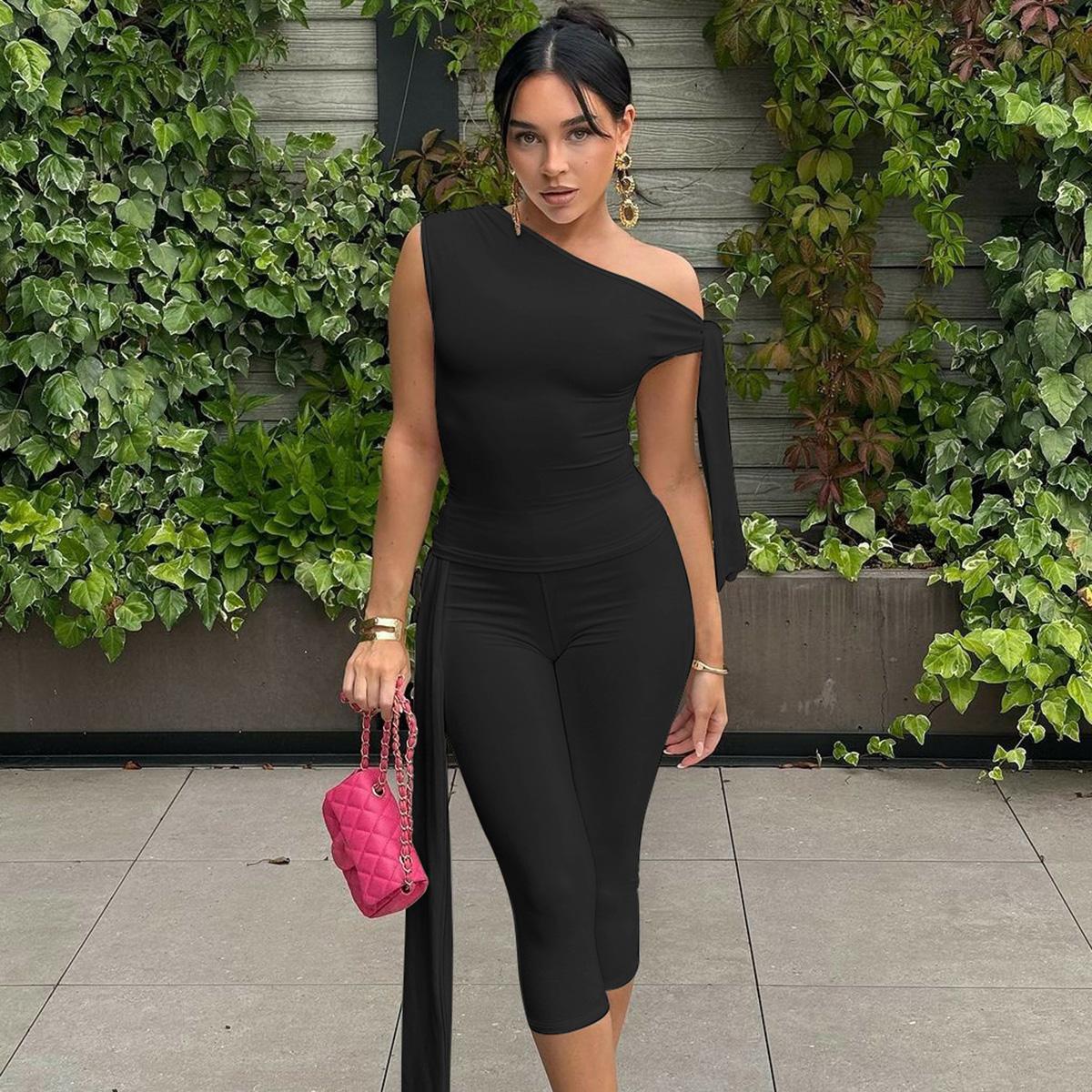 Solid Slanted Neck Lacing Design Sleeveless Top & High Waist Cropped Pants Two-Piece Set Women 2025 Summer New Casual Sexy with Ribbon Elegant Party Club Clothing Outfits