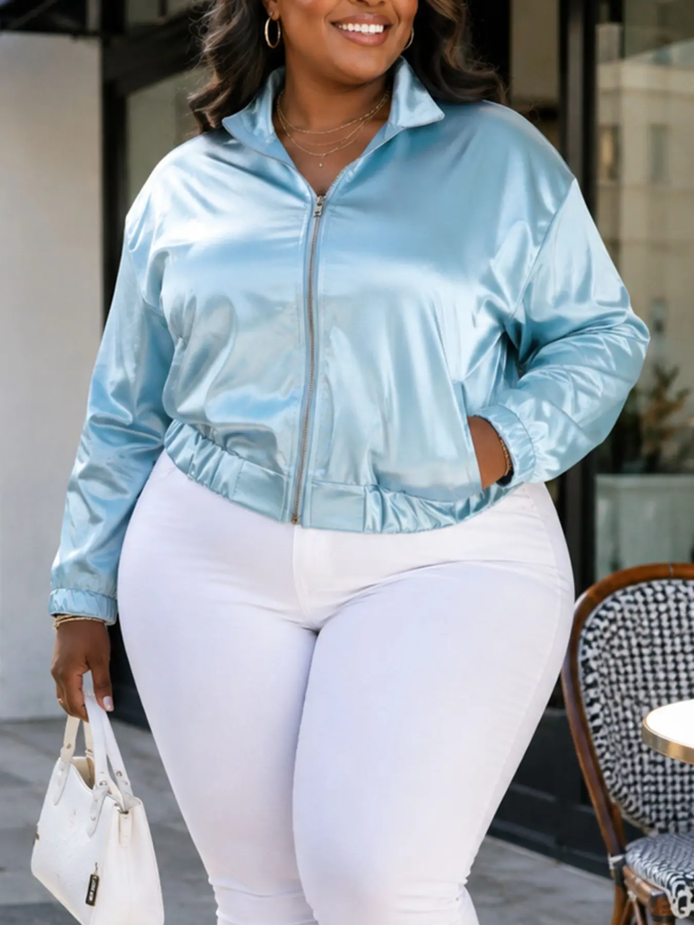 Plus Size Women Satin Cropped Jacket Zip Up Stand Collar Long Sleeve Bomber Jacket Casual Outerwear