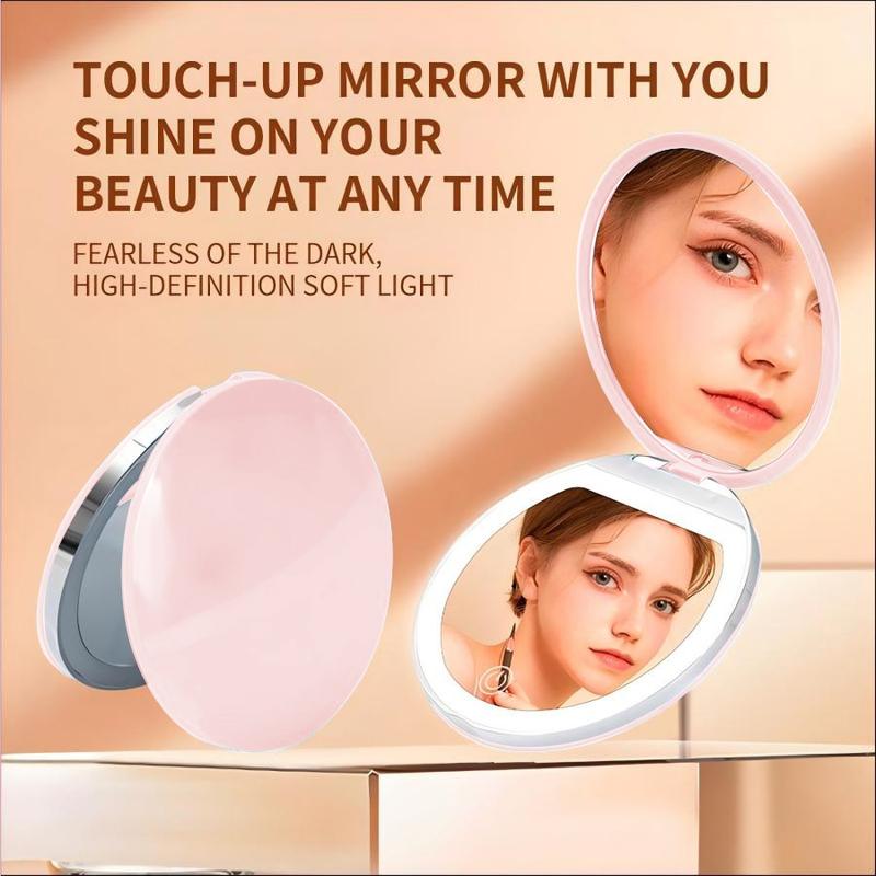 Magnifying Cosmetic Pocket Mirror, 1X/2X Magnification LED Compact Travel Makeup Mirror with Light for Purse, 2-Sided, Portable, Folding, Handheld, Small Lighted Mirror for Gift, Rechargeable Makeup Mirror