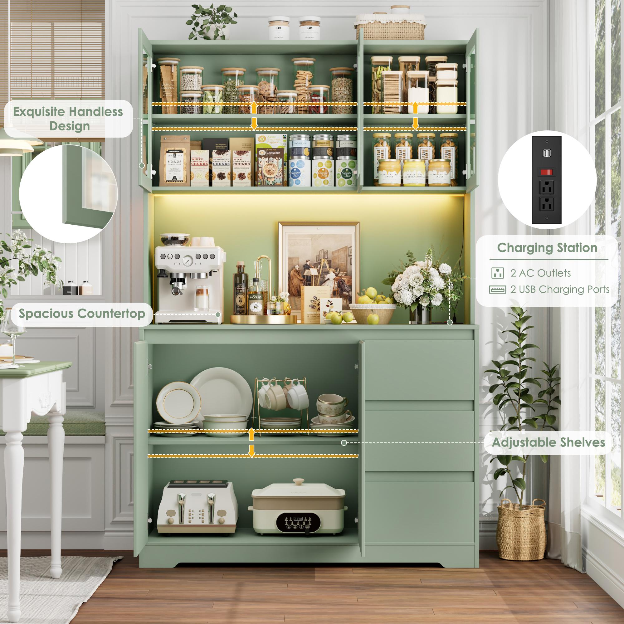 FOTOSOK 71" Modern Black Kitchen Pantry Cabinet with 6 Doors, 3 Drawers, LED Lights, Power Outlets, USB Ports, 39.4" Wx 15.2" Dx 70.9" H