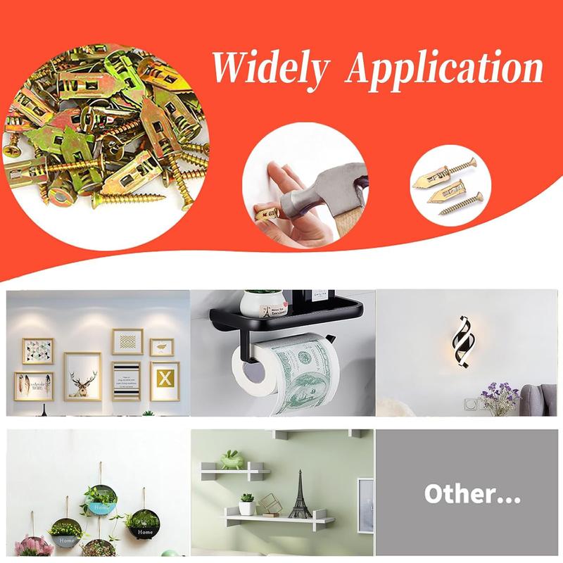 60Count Drywall Self Drilling Anchors and Screws,Easy Application,No Drill or Holes in Wall,Heavy-Duty Zinc-Plated Steel Anchors with Self-Tapping Screws,Hollow Screws and Anchors for TV,Bicycle,Cabinet Fixing Accessories.